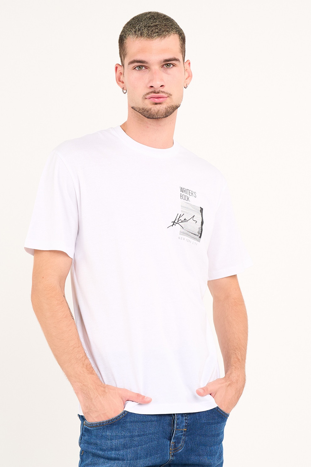 KVL by KENVELO, Tricou cu imprimeu pe piept si decolteu la baza gatului, Negru stins, Alb optic, L