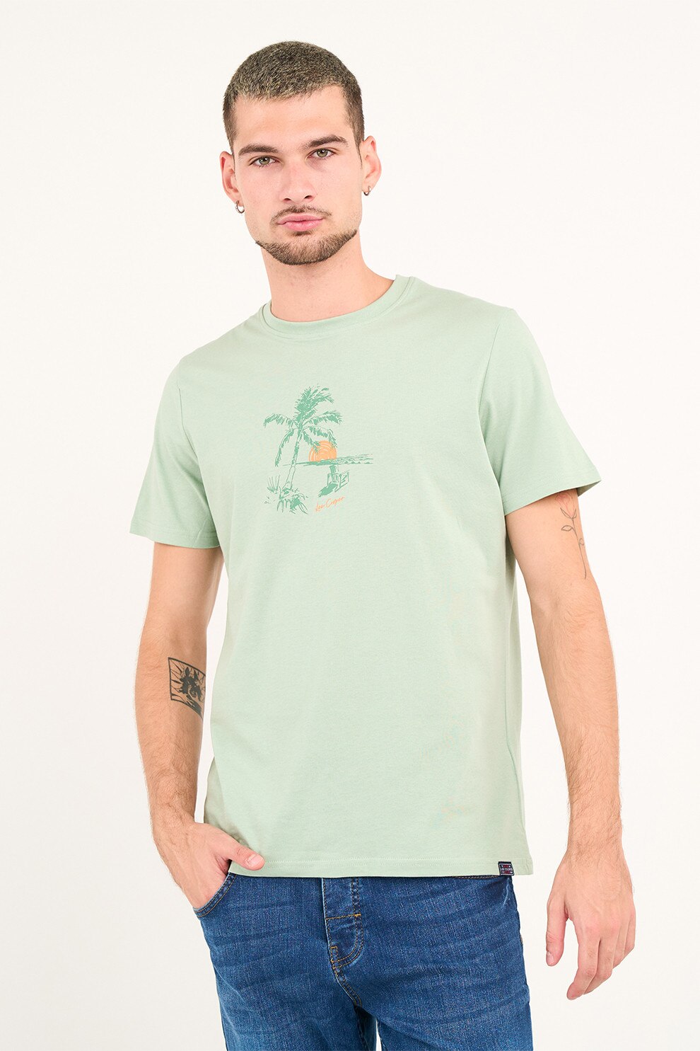 Lee Cooper, Tricou cu decolteu la baza gatului si imprimeu, Galben pal, Verde pal, XL