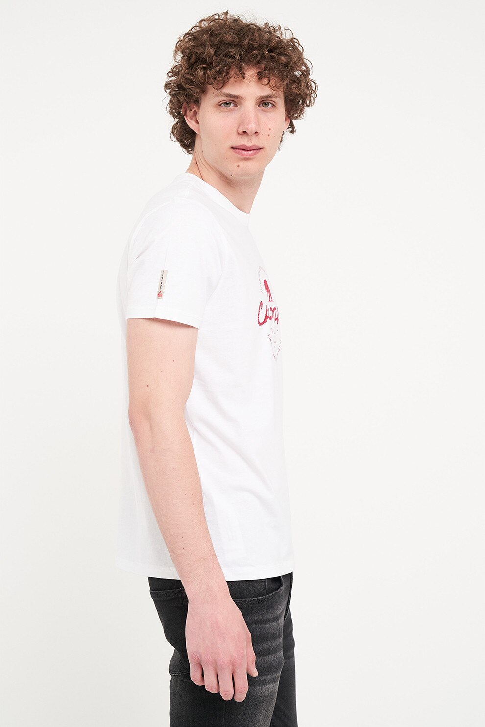 TIMEOUT, Tricou din bumbac cu decolteu la baza gatului, Rosu, Alb optic, XL