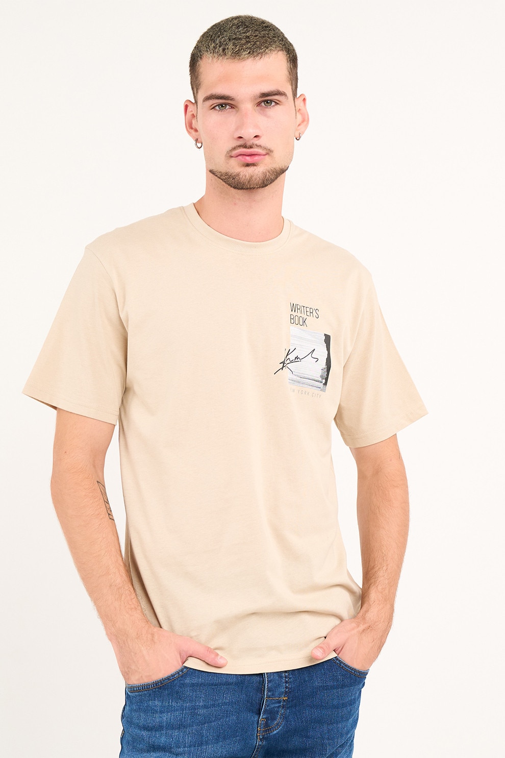 KVL by KENVELO, Tricou cu imprimeu pe piept si decolteu la baza gatului, Negru stins, Alb optic, Bej deschis, 2XL
