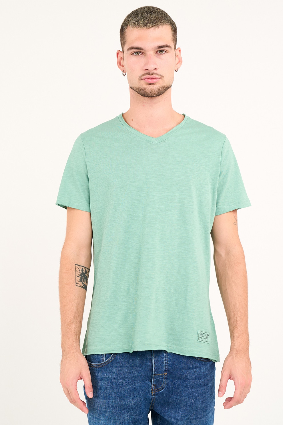 Lee Cooper, Tricou uni cu decolteu in V, Verde pal, 2XL
