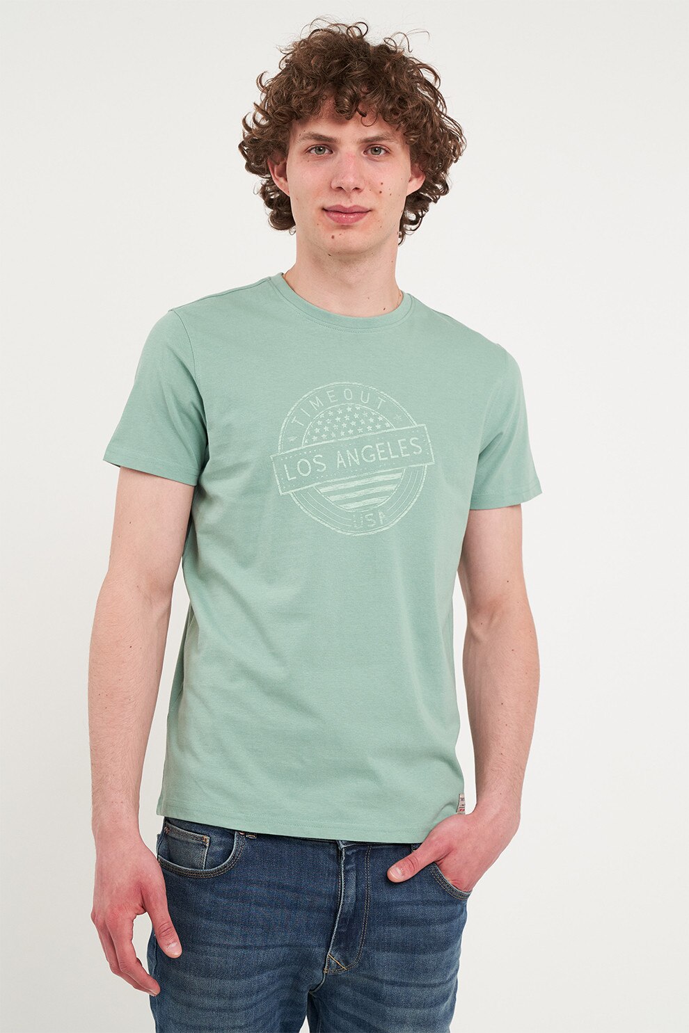 TIMEOUT, Tricou cu design grafic si decolteu la baza gatului, Verde pal, S