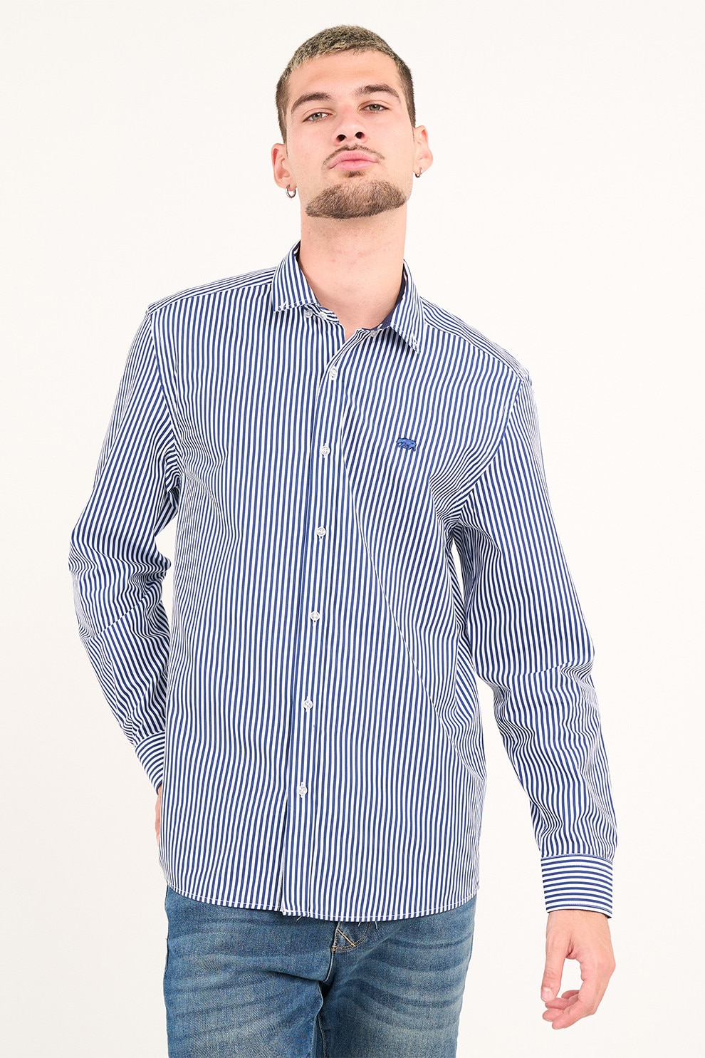 TIMEOUT, Camasa regular-fit din bumbac cu dungi, Albastru inchis, L