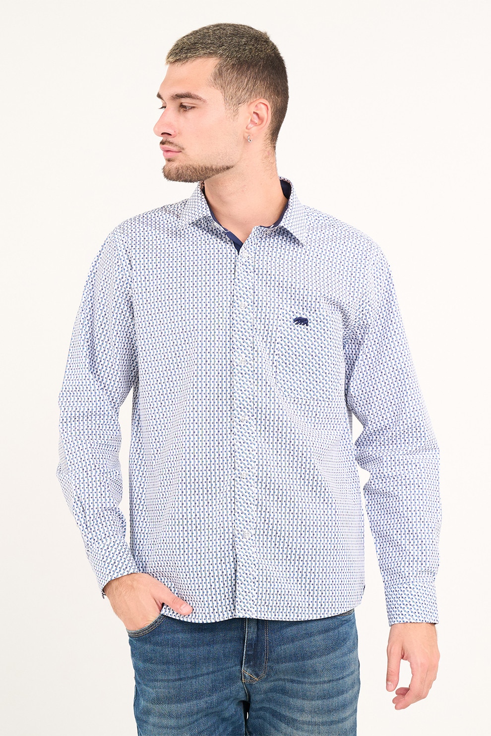 TIMEOUT, Camasa din bumbac cu model, Albastru inchis, Alb optic, L