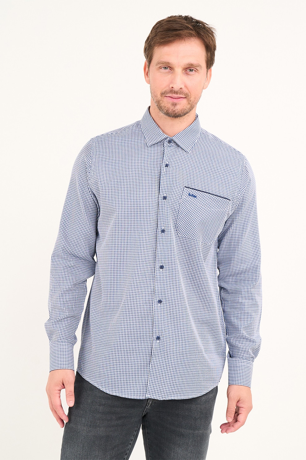Lee Cooper, Camasa cu buzunar pe piept si model in carouri, Alb optic, Bleumarin, 2XL