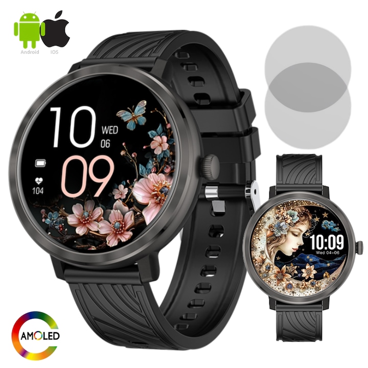 ZENARK® XN 7 PRO Női Okosóra, 2 db Képernyővédővel, 1.19 hüvelykes Ultra HD 4K AMOLED Kijelző, Értesítések/Hívások/SMS/E-mail, Alvásfigyelés, Pulzusszám, Vérnyomás, Véroxigén, 100+ Sportmód, IP67 Vízálló, Bluetooth 5.4, Fekete