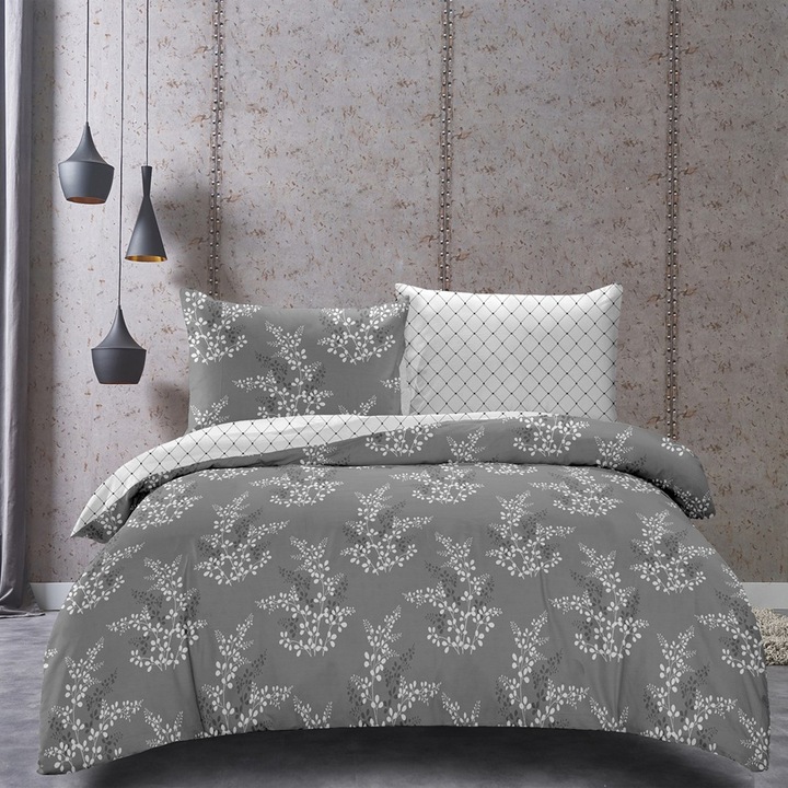 2 részes paplanhuzat és 2 részes párnahuzat szett, Caluna virágmintás, Hypnosis, 155x220 cm, 80x80 cm, szürke