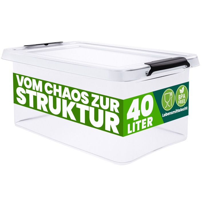 Deuba tárolódoboz, 58x39x26cm 40L, 10 kg teherbírás, Fedéllel, Műanyag, Átlátszó