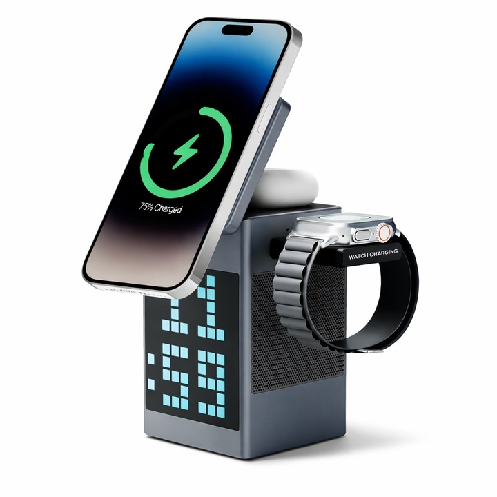 Statie multifunctionala 6-in-1, difuzor Bluetooth, ceas digital, suport telefon, incarcator wireless rapid 5W/7.5W/10W/15W,, USB Type-C, 10x8.5x15cm