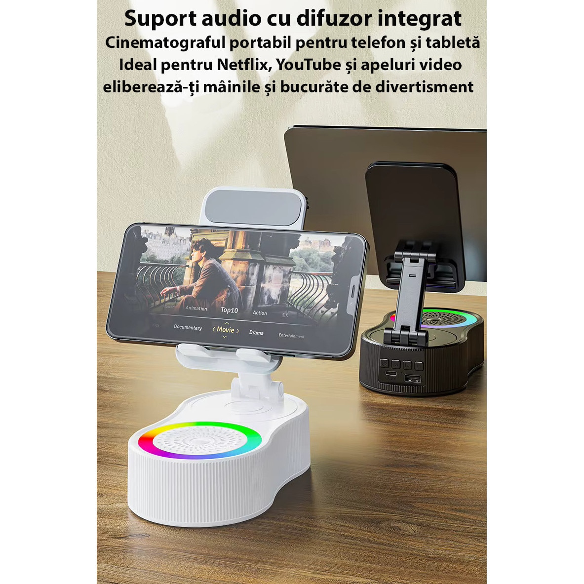 Suport Telefon & Tableta cu Boxa Bluetooth 5.3, Iluminare RGB, Power ...