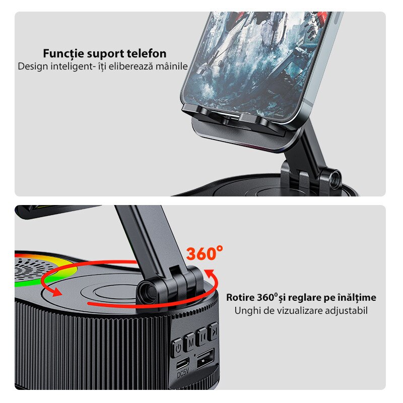 Suport Telefon & Tableta cu Boxa Bluetooth 5.3, Iluminare RGB, Power ...
