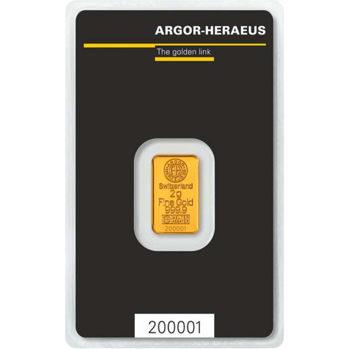Lingou de aur 2 grame Argor-Heraeus – 999,9‰ ( 24K ) – LBMA Approved