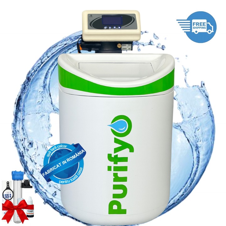 Dedurizator de apa 11 l -rasina cationica, 1-4 pers., Purifyo®, afisaj electronic, regenerare volumetrica, reglare duritate, 0.9 m3 /h, tester duritate si filtru sedimente inclus, aparat de dedurizare apa 63x46x26 cm, Alb