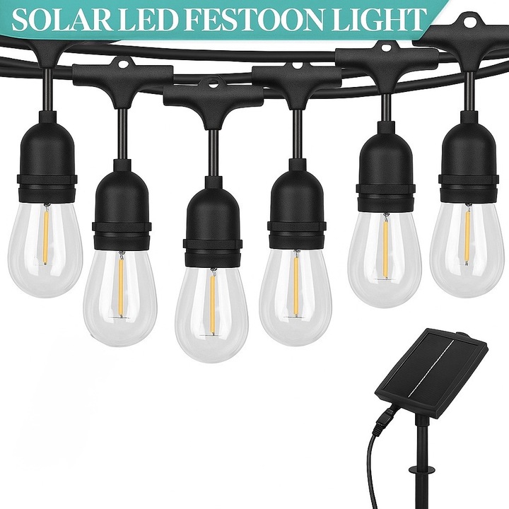 Ghirlanda luminoasa solara LED Rixme, cu telecomanda, 10 becuri retro, 10 M, Impermeabila IP67, Dubla incarcare solara/USB, Efecte luminoase personalizabile, Lumina calda, Ideala pentru balcon, gradina, terasa