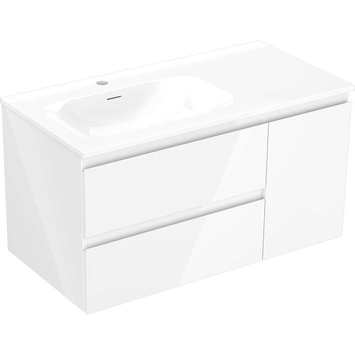 Шкаф за баня Mexen Orio 90 см с мивка Vela лява, 2Ч, 1В, бял гланц - 91A13-09047-3-BBFFF00-W23L00