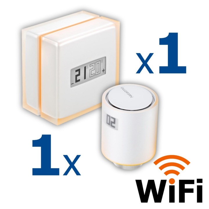 Kit termostat de ambient si 1 capet termostat smart pentru calorifer Netatmo, WI-FI, cu afisaj digital LCD, compatibile cu IOS sau Android, control de la distanta, detectare fereastra deschisa, programabil