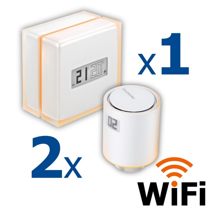 Kit termostat de ambient si 2 capete termostat smart pentru calorifer Netatmo, WI-FI, cu afisaj digital LCD, compatibile cu IOS sau Android, control de la distanta, detectare fereastra deschisa, programabil