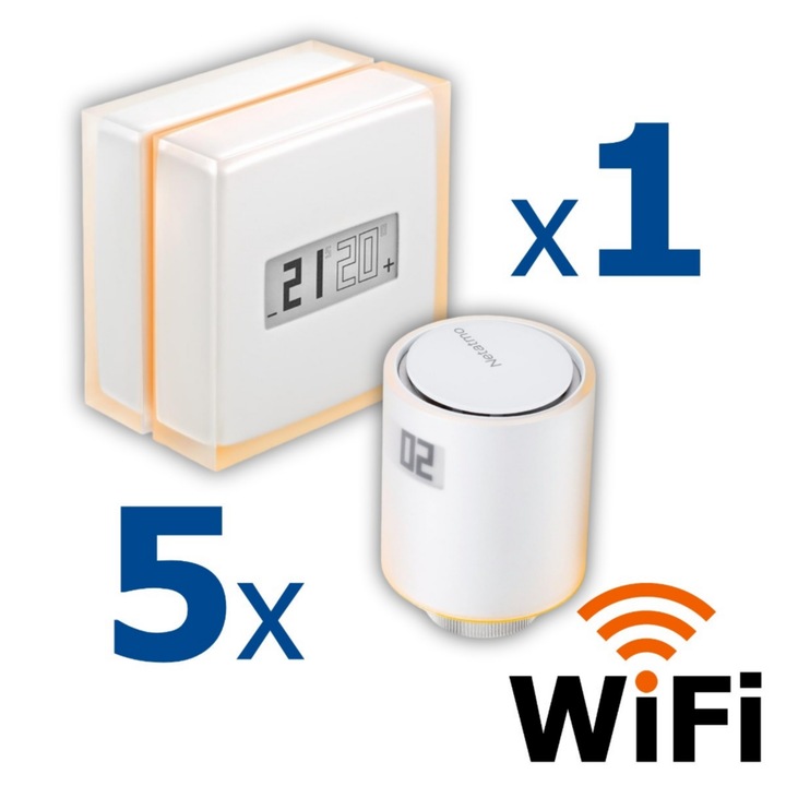 Kit termostat de ambient si 5 capete termostat smart pentru calorifer Netatmo, WI-FI, cu afisaj digital LCD, compatibile cu IOS sau Android, control de la distanta, detectare fereastra deschisa, programabil
