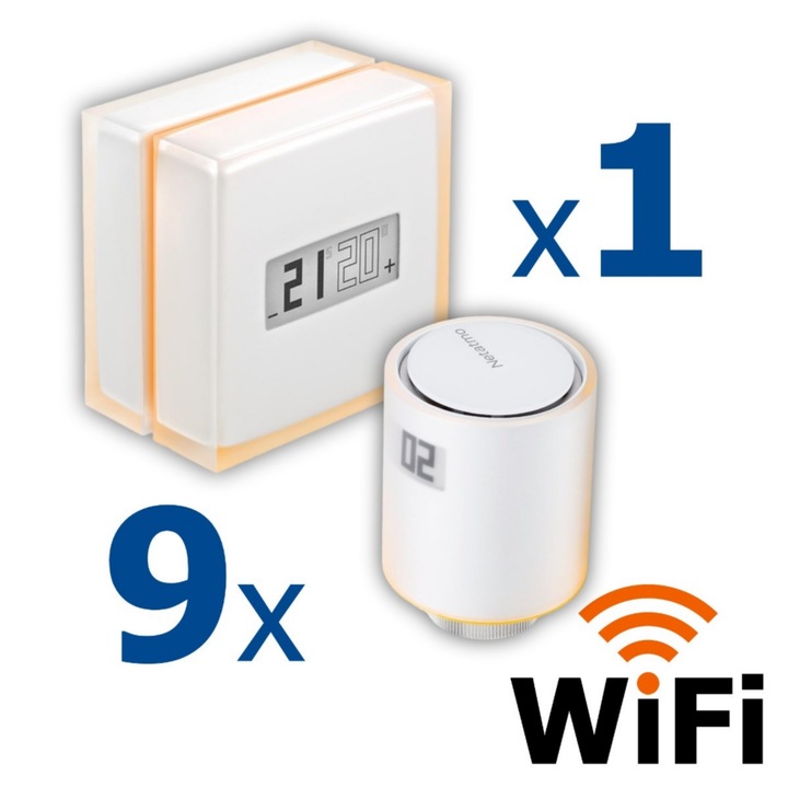 Kit termostat de ambient si 9 capete termostat smart pentru calorifer Netatmo, WI-FI, cu afisaj digital LCD, compatibile cu IOS sau Android, control de la distanta, detectare fereastra deschisa, programabil