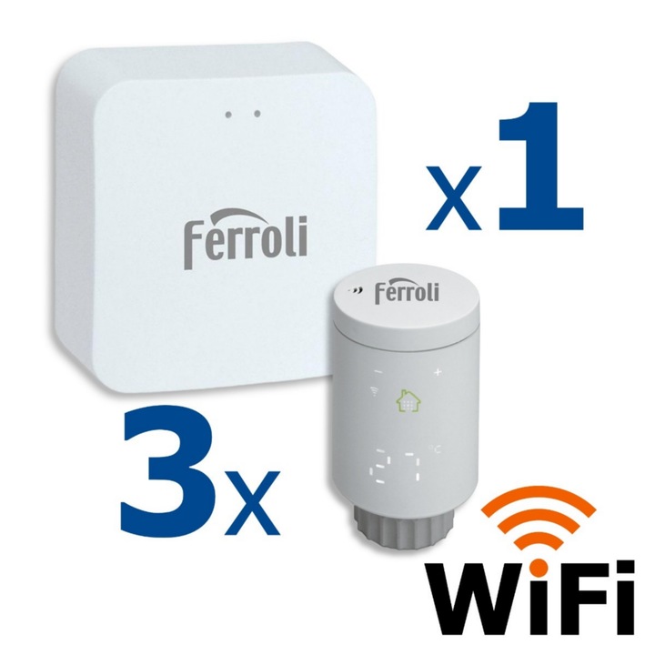 Kit controler gateway si 3 capete termostat smart pentru calorifer Ferroli Wi-Fi, control de la distanta, siguranta pentru copii, detectare fereastra deschisa, afisaj digital, programabil, alb