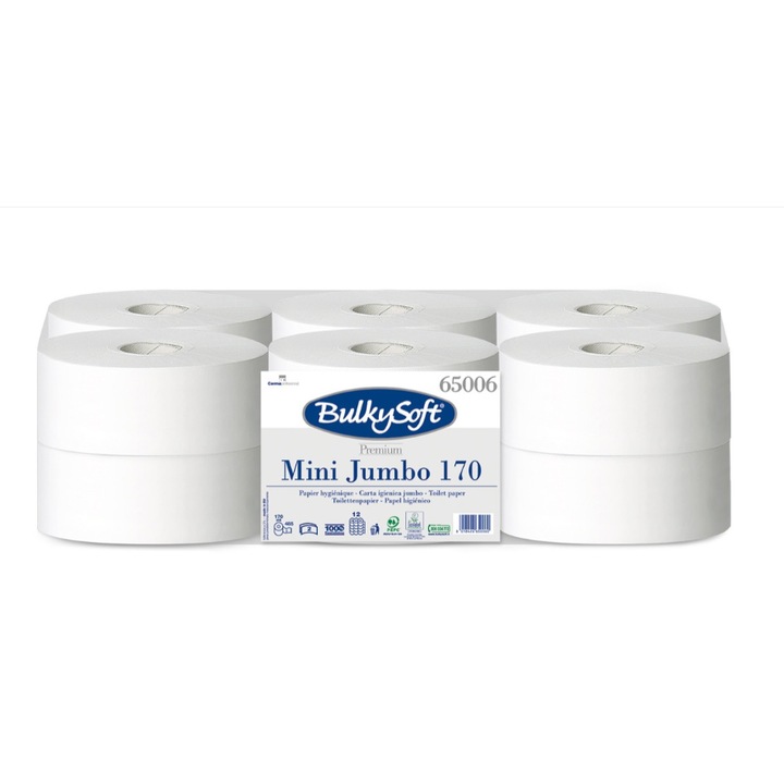 Set 12 Role Harte igienica jumbo mini 170 m, BulkySoft Premium, 2 straturi, 12x170 m