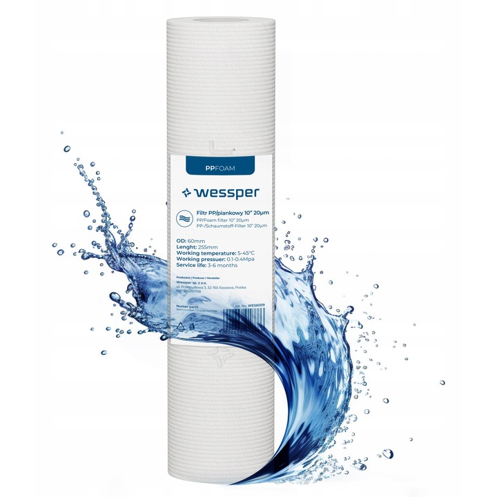 Filtru de apa, cartus filtrant din spuma pentru prefiltrare 10" 20 microni PP20, 1 buc, Wessper
