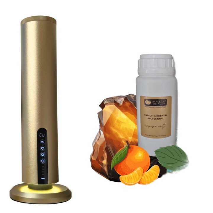 Set difuzor profesional Luxury S Tower Auriu + Parfum ambiental Invicto Amber & Ocean Breeze 250 ml, aromaterapie de lux cu tehnologie de atomizare, control Bluetooth, design premium pentru spatii rafinate