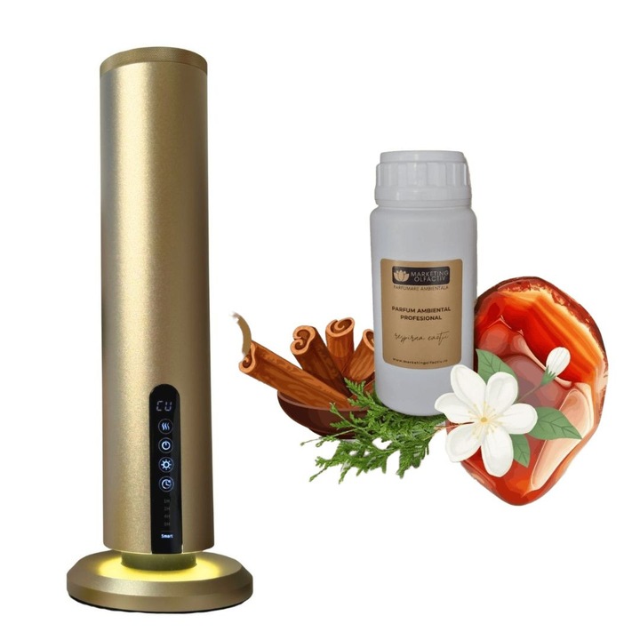 Set difuzor profesional Luxury S Tower Auriu + Parfum ambiental Sandalwood 100 ml, aromaterapie de lux cu tehnologie de atomizare, control Bluetooth, design premium pentru spatii rafinate