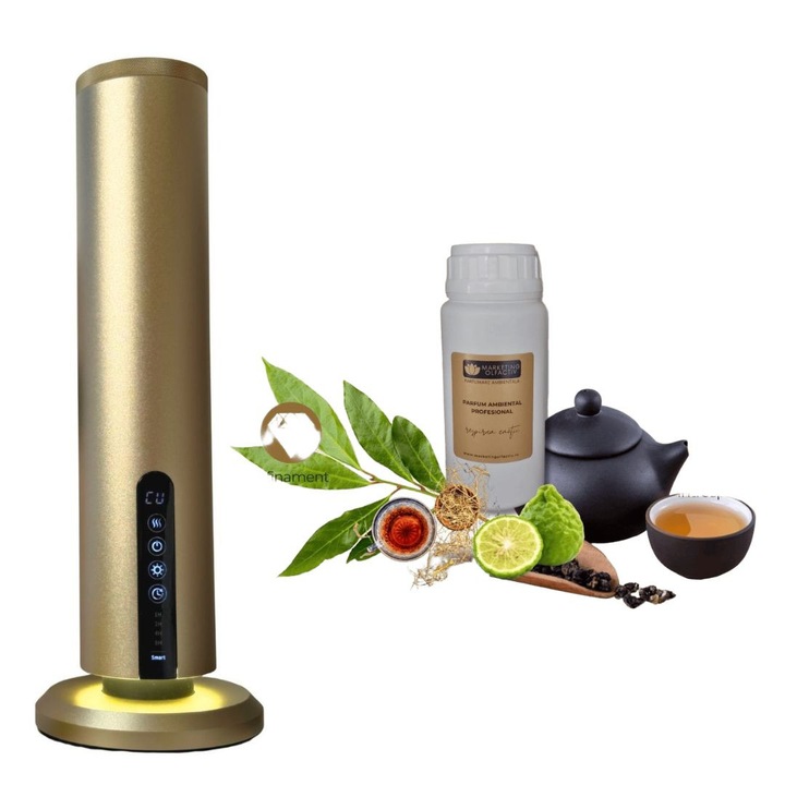 Set difuzor profesional Luxury S Tower Auriu + Parfum ambiental Black Tea 250 ml, aromaterapie de lux cu tehnologie de atomizare, control Bluetooth, design premium pentru spatii rafinate