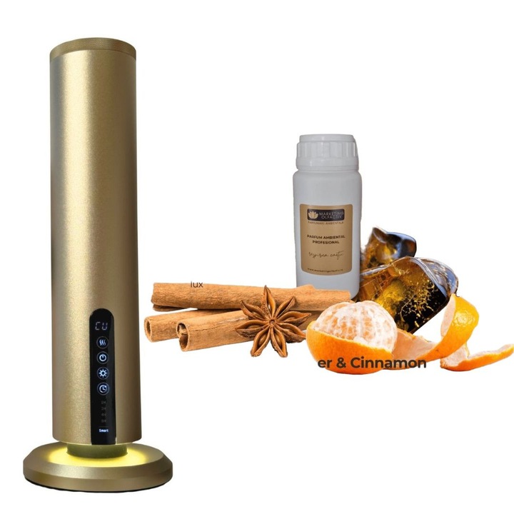 Set difuzor profesional Luxury S Tower Auriu + Parfum ambiental Million Amber & Cinnamon 100 ml, aromaterapie de lux cu tehnologie de atomizare, control Bluetooth, design premium pentru spatii rafinate