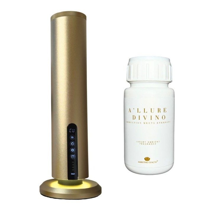 Set difuzor profesional Luxury S Tower Auriu + Parfum ambiental A’llure Divino 100 ml, aromaterapie de lux cu tehnologie de atomizare, control Bluetooth, design premium pentru spatii rafinate