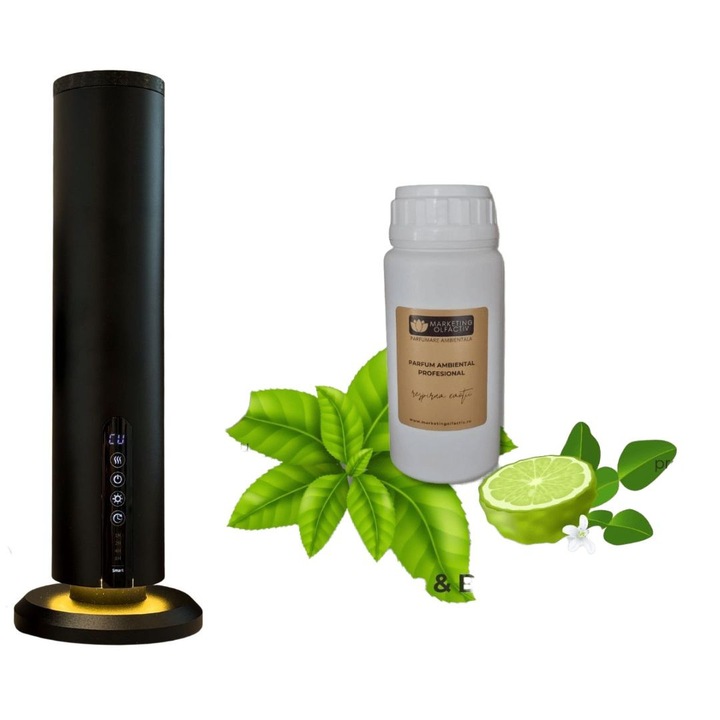 Set difuzor profesional Luxury S Tower Negru Mat + Parfum ambiental Green Tea & Bergamot 100 ml, aromaterapie de lux cu tehnologie de atomizare, control Bluetooth, design premium pentru spatii moderne si rafinate