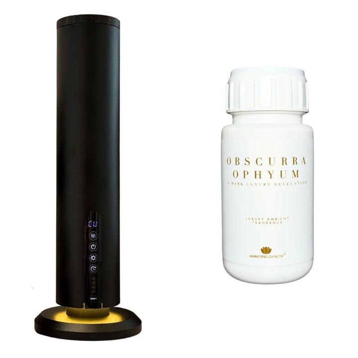 Set difuzor profesional Luxury S Tower Negru Mat + Parfum ambiental Obscurra Ophyum 100 ml, aromaterapie de lux cu tehnologie de atomizare, control Bluetooth, design premium pentru spatii moderne si rafinate