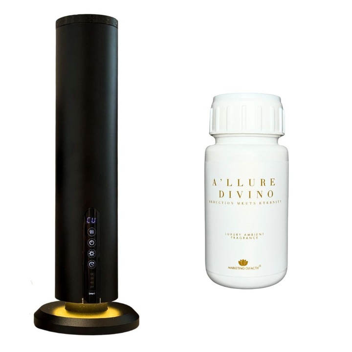 Set difuzor profesional Luxury S Tower Negru Mat + Parfum ambiental A’llure Divino 250 ml, aromaterapie de lux cu tehnologie de atomizare, control Bluetooth, design premium pentru spatii moderne si rafinate