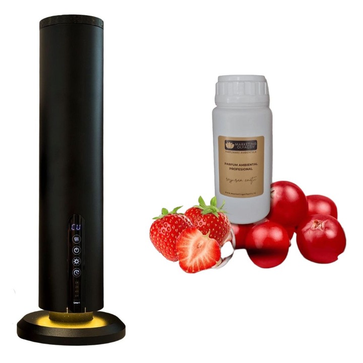 Set difuzor profesional Luxury S Tower Negru Mat + Parfum ambiental Party Life (Marshmallow) 100 ml, aromaterapie de lux cu tehnologie de atomizare, control Bluetooth, design premium pentru spatii moderne si rafinate