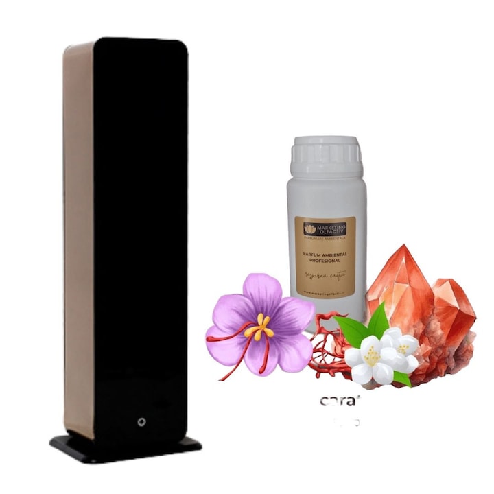Set Luxury S Tower Negru Mat (rezervor 1000 ml) + Parfum Baccarat Rouge 500 ml – difuzor profesional, atomizare la rece, Bluetooth, design premium pentru suprafete mari
