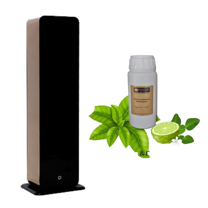 Set Luxury L Tower Auriu (rezervor 1000 ml) + Parfum Green Tea & Bergamot 500 ml – difuzor profesional, atomizare la rece, Bluetooth, design premium pentru suprafete mari