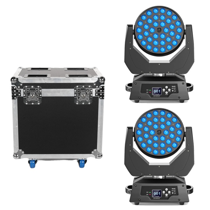 Lumina cu cap mobil, set 2 bucati, Geanta depozitare, ecran tactil LCD, unghi de zoom ajustabil, 230W, multicolor