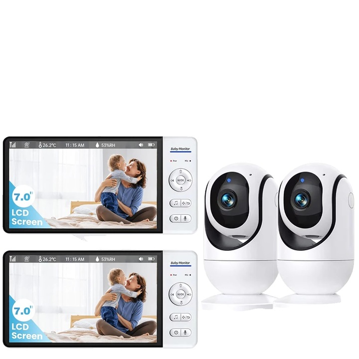 Комплект 2 видео монитора за бебета, 720P, 7 инча, безжични, 5000mAh