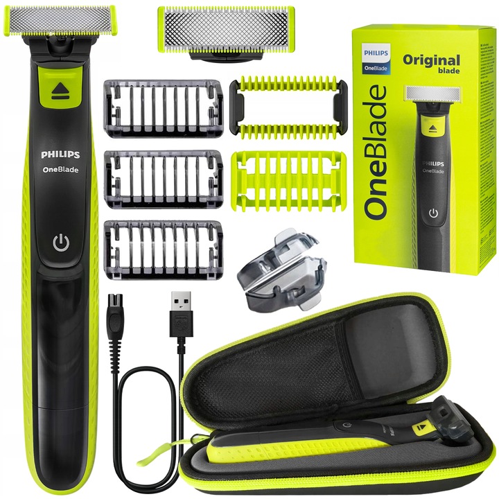 Philips OneBlade QP2724/10 Elektromos Borotva, Tok, 2 db testfedél, Fekete/Zöld