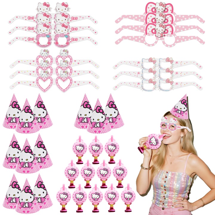 Set Decoratiuni Aniversare Hello Kitty, 6 palarii de Hartie pentru Hello Kitty + 6 Fluier de Hello Kitty + 12 Ochelari Hello Kitty, Accesorii Petrecere Hello Kitty, Decoratiuni Petrecere Hello Kitty