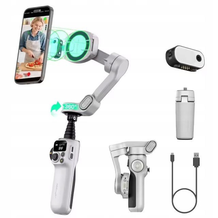 Gimbal pe 3 axe, Aochuan, Smart P2, alb, pentru telefoane, stabilizare pe 3 axe, lampa LED cu senzor de vedere AI, stick selfie extensibil de 20 cm, suport pentru urmarire AI, rotatie 360°, timp de lucru de pana la 8 ore, incarcare rapida, mini trepied