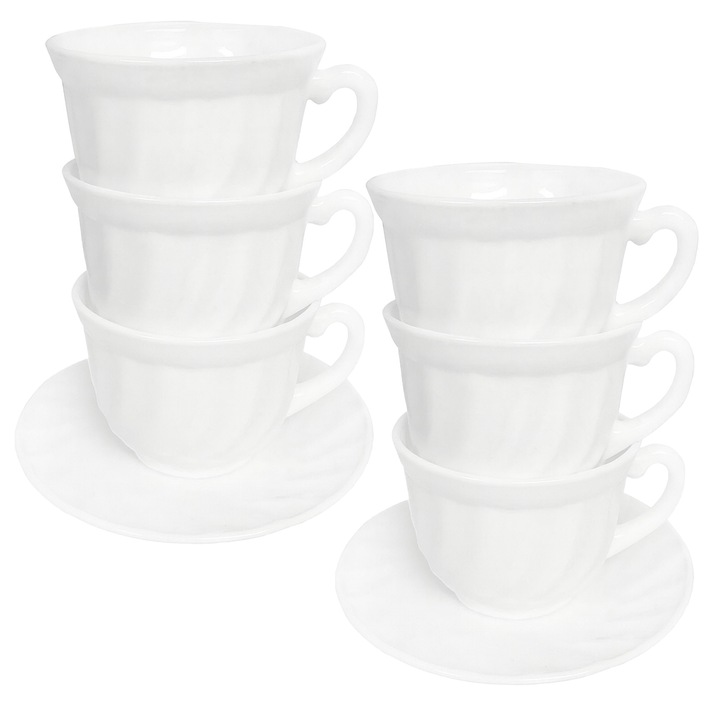 6 darabos kávéscsésze készlet, 190 ml, csészealjakkal – ellenálló üveg, fehér, elegáns, ideális ajándék