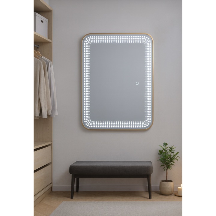 Oglindă LED Magic Time Meris, 80x60cm, design minimalist, iluminare cu 3 tipuri de lumină
