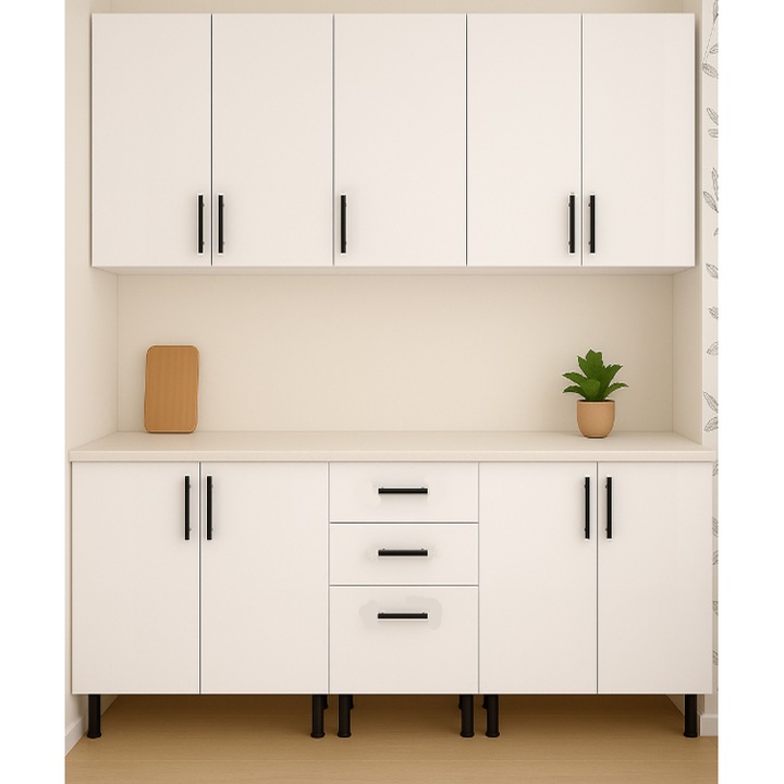 Set Bucatarie MDF bianco lucios carcasa alb 18 mm cu blat termo, L200 cm