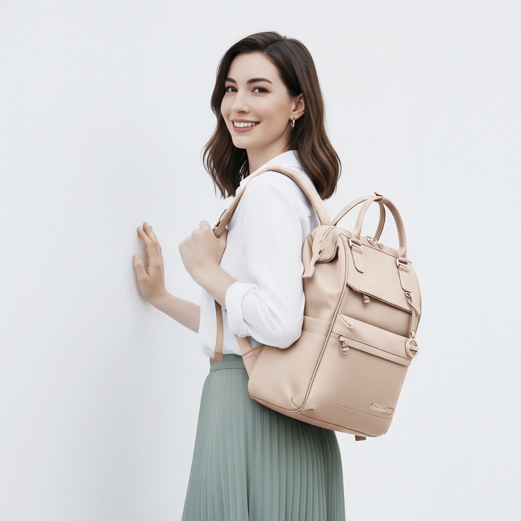 Rucsac dama laptop 16L cu 13 buzunare, elegant, bej si impermeabil Chantria CB00788khaki