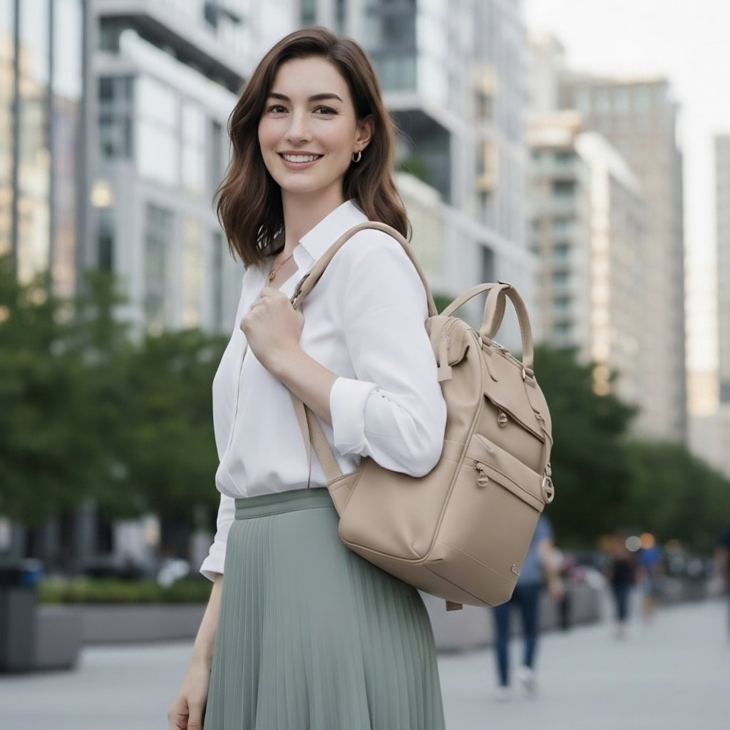 Rucsac dama laptop 16L cu 13 buzunare, elegant, bej si impermeabil Chantria CB00788khaki