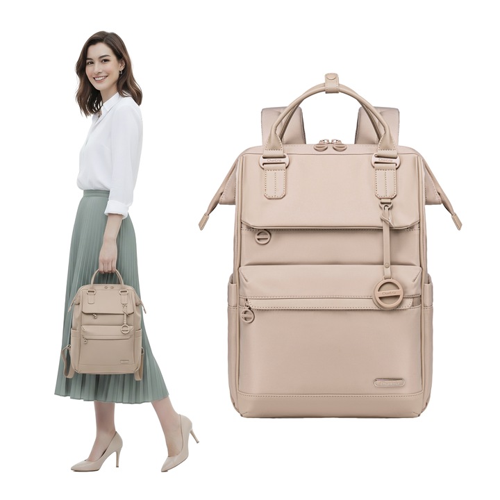 Rucsac dama laptop 16L cu 13 buzunare, elegant, bej si impermeabil Chantria CB00788khaki