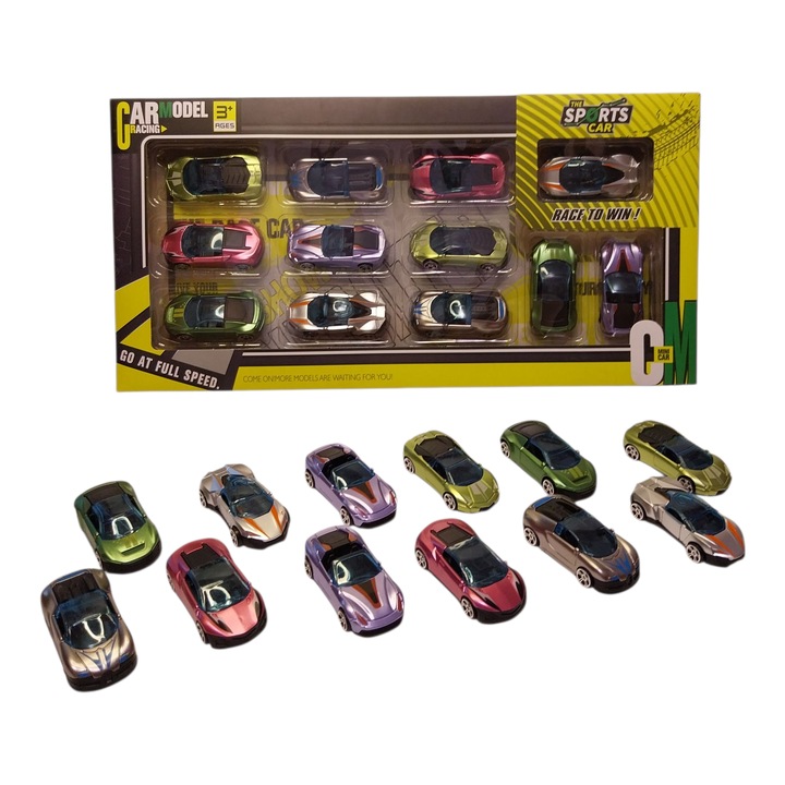 Masinute metalice premium „Sports Mini” Set 12 masinute — Colectie de jucarii die‑cast pentru copii 3+ ani, finisaj metalic lucios, roti functionale — Ideal cadou, colectie si joaca