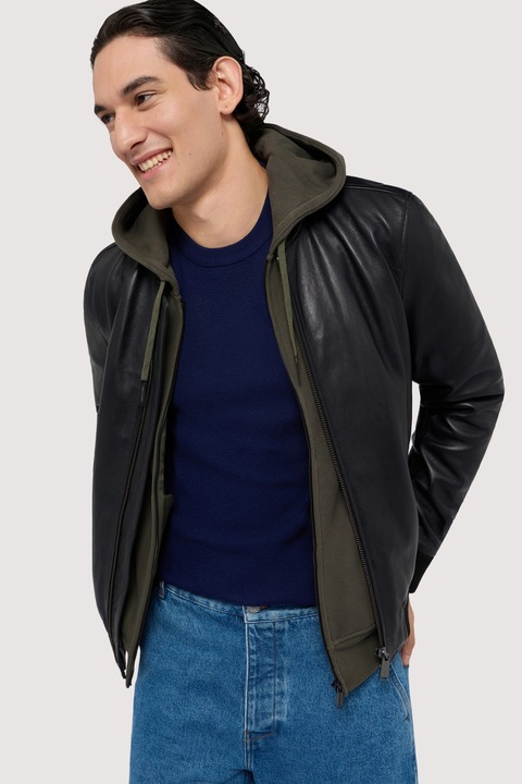 Trussardi, Pulover din lana cu decolteu la baza gatului si terminatii striate, Bleumarin